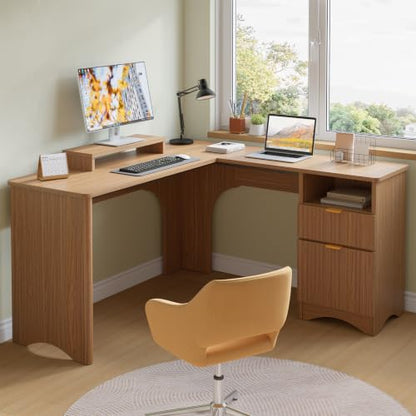 Bestier 55" L Shaped Desk with Monitor Stand & File Drawer, Brown Oak - color: Brown Oak