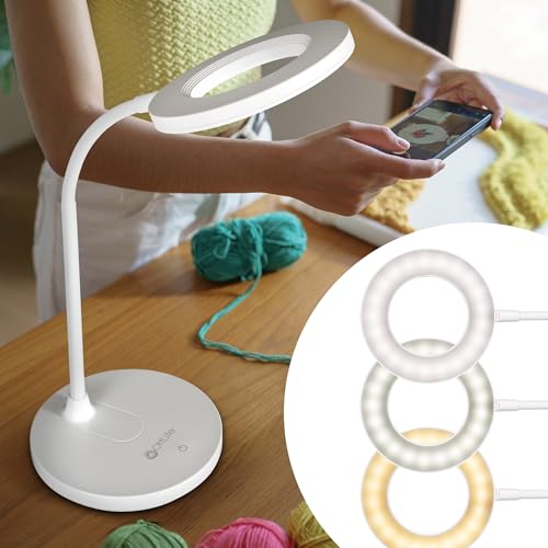 OttLite Vibe LED Ring Light, Rechargeable, 3 Color Temperatures, White | ClearSun LEDs Reduce Eyestrain | 360-Degree Illumination | Flexible Neck | 5.5" Ring Light | USB-Powered or Rechargeable - color: White Desk Light