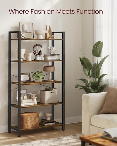 VASAGLE 5-Tier Bookshelf, Bookcase with Steel Frame, Book Shelf for Living Room, Home Office, Study, 11.8 x 31.5 x 60.2 Inches, Industrial Style, Rustic Brown and Ink Black ULLS081B01 - color: Rustic Brown + Ink Black, size: 5 Tiers (11.8"D x 31.5"W), sty
