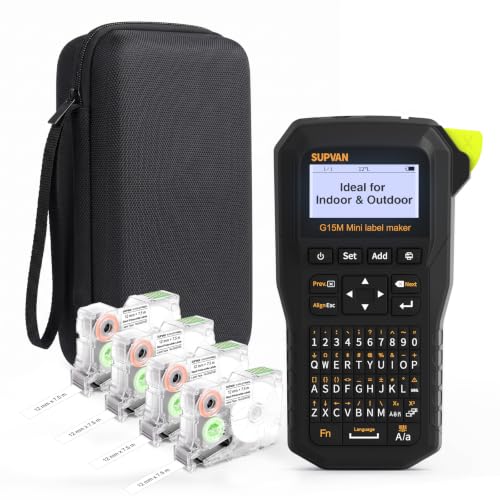 SUPVAN G15M Mini Portable Label Maker with 4 Tapes & Carrying Case | Heat Shrink Tube & Multiple Label Types, Rechargeable, Minimal Margin, LCD Backlit, Thermal Transfer, Home, Garage, Outdoor - style: Case + G15M Mini +4 Tapes