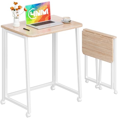 4NM 23.6" Mobile Small Folding Desk, Foldable Rolling Computer Home Office Desk, Study Writing Table for Small Space Saving Bedroom, with Wheels - Natural and White - color: Natural and White, size: 23.6"W x 15.7"D