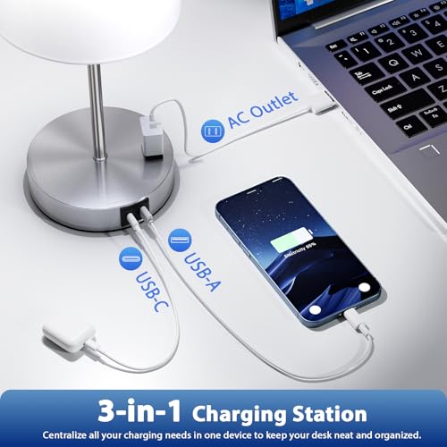 17.6" Silver Touch Lamps for Bedroom Set of 2, Dimmable, USB C+A, AC Outlet | Large 17.6" Tall Lamp, 3-Way Dimming, 5000K Daylight Bulbs, White Lampshade Silver Base, for Living Room, Boys, Men, Girls - color: White - Silver