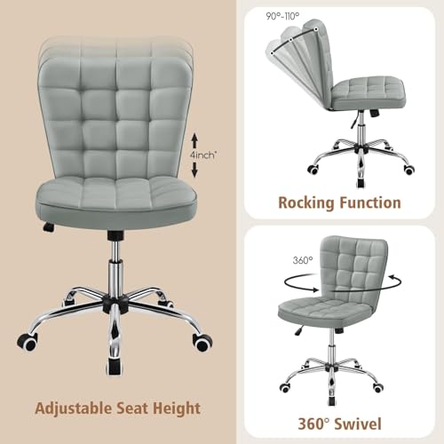 Yaheetech Light Gray Tufted Armless Desk Chair with Wheels, Faux Leather - color: Light Gray