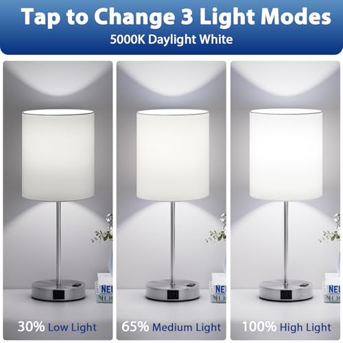 17.6" Silver Touch Lamps for Bedroom Set of 2, Dimmable, USB C+A, AC Outlet | Large 17.6" Tall Lamp, 3-Way Dimming, 5000K Daylight Bulbs, White Lampshade Silver Base, for Living Room, Boys, Men, Girls - color: White - Silver