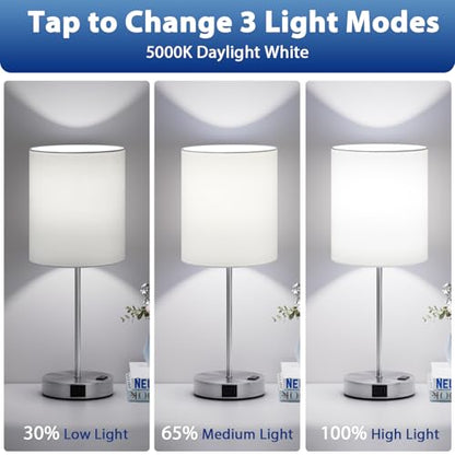 17.6" Silver Touch Lamps for Bedroom Set of 2, Dimmable, USB C+A, AC Outlet | Large 17.6" Tall Lamp, 3-Way Dimming, 5000K Daylight Bulbs, White Lampshade Silver Base, for Living Room, Boys, Men, Girls - color: White - Silver