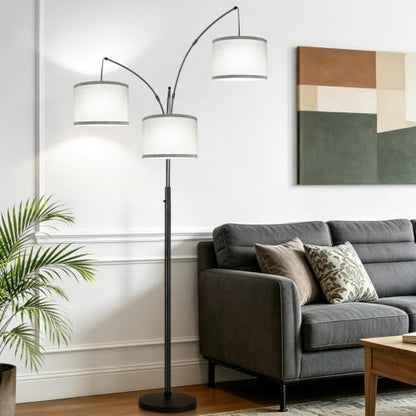 Dimmable Floor Lamp, 3 Lights Black Arc Floor Lamp, Modern Tall Standing Tree Lamp with Grey Linen Shades & Heavy Base, 3000LM LED Bulbs, Bright Lighting for Living Room, Bedroom, Office & Reading - color: Matte Black-Gray Linen Shades