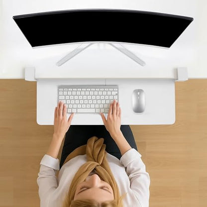 Keyboard Tray Under Desk with Drawer,26.77" X 11.81"Large Size Keyboard Tray with C Clamp-on Mount, Easy to Install, for Home Office (White) - color: White