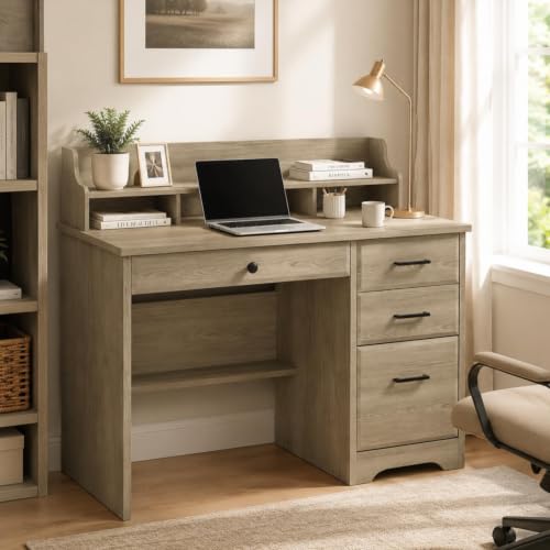 44 Inch Small Desk with Drawers, Computer Desk with File Drawer, Grey - color: Grey