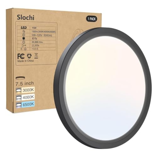 1PACK LED Flush Mount Ceiling Light Fixture, 3000K-4000K-6500K & 100W Equivalent Modern Kitchen Ceiling Lamp 15W 1500Lm 7.5 Inch Closet Round Surface for Bathroom Laundry Bedroom Hallway, Black - color: Black, size: 7.5Inch-1Pack