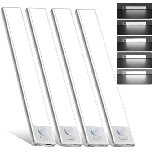 14inch Under Cabinet Lighting, 4 Pack Rechargeable Motion Sensor Light Indoor, Wireless Dimmable Magnetic Closet Lights, 58 LED Under Counter Lights for Kitchen, Wardrobe, Stairs, White Light - color: White Light, size: 14inch