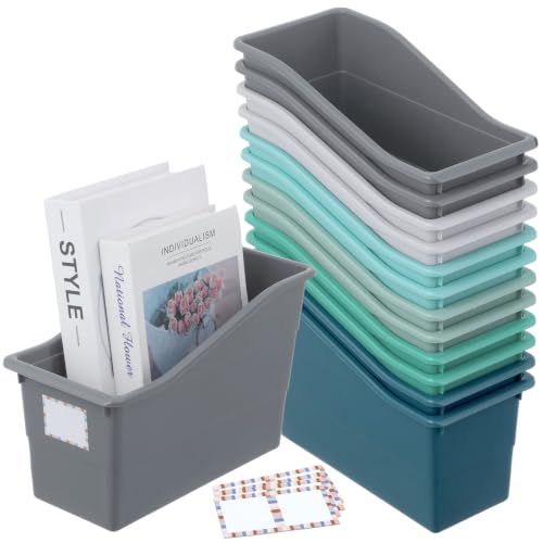 gisgfim 12 Pack Large Book Bins with Labels (Modern) | Durable Plastic,Stackable Magazine Organizer,Storage Bins for Classroom,Library,Office,Bookshelf Categorization - color: Modern