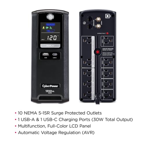 CyberPower CST135UC2-R Line‑Interactive UPS Battery Backup and Surge Protector, 1350VA/810W, AVR, 10 Outlets, USB‑C & USB‑A Charging, LCD Display, UL Certified (Renewed)