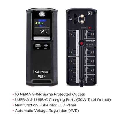 CyberPower CST135UC2-R Line‑Interactive UPS Battery Backup and Surge Protector, 1350VA/810W, AVR, 10 Outlets, USB‑C & USB‑A Charging, LCD Display, UL Certified (Renewed)