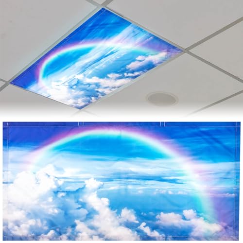 Patelai 4x2 Feet Light Covers for Classroom, Magnetic,Rainbow | Sky Cloud Print for Office Decor, Drop Ceiling Compatible, 10 Magnets Included, Filters Harsh Fluorescent Lighting - style: Rainbow
