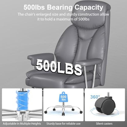 Big and Tall Office Chair, Executive Home Office Desk Chair, Comfy Leather High-Back Reclining Computer Chair with Retractable Footrest and Padded Arms, 360°Swivel Rolling Wheels, Wide Seat, Gray - color: Grey