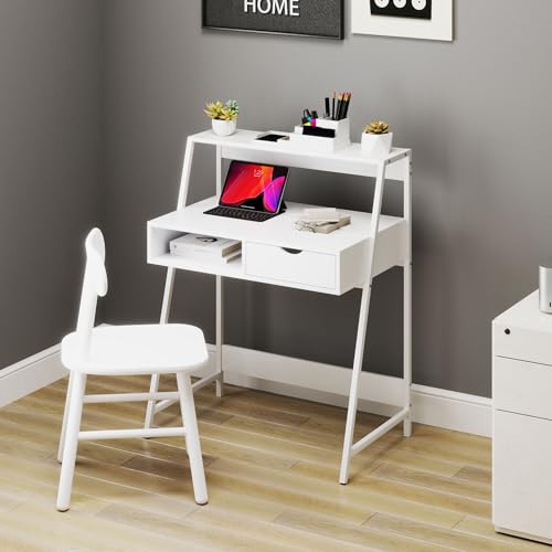 HOMCOM Home Office Desk with A Frame for Small Spaces, White | Computer Desk, Writing Table, with Drawer, Storage Shelves - color: White