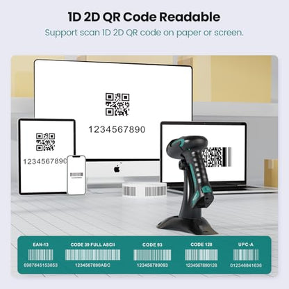 Bluetooth Barcode Scanner: Industrial 2D 1D with Stand USB Wired | 2.4G Wireless, 2500mAh Battery, IP65 Protection, Screen Scanning, Automatic scanning, Warehouse Library Supermarkets