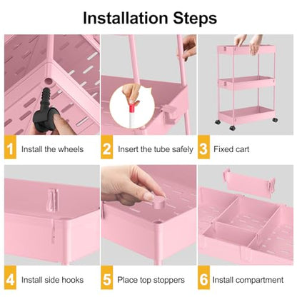 SPACELEAD 3 Tier Rolling Cart with Wheels, Storage Craft Art Trolley Organizer Serving, 3 Hanging Baskets Easy Assembly, for Office, Living Room, Kitchen, Pink - color: Pink
