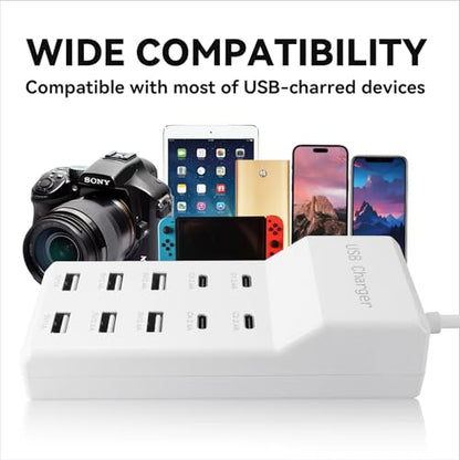 USB Power Strip Charging Station, 10-Port 6A+4C Multi Charger Block