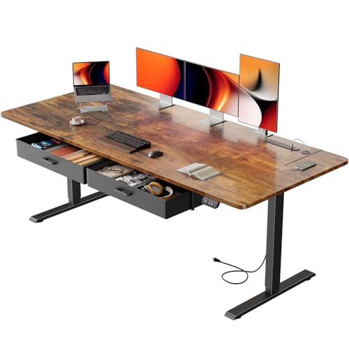 HLDIRECT 71" Electric Standing Desk with Outlets & 2 Drawers, Rustic Brown | 31.5" Extra Wide Desktop Up to 176lb, 28"–46" Height Range & 3 Memory Presets, Integrated Cable Management, Quick Assembly - color: Rustic Brown, size: 71 inch
