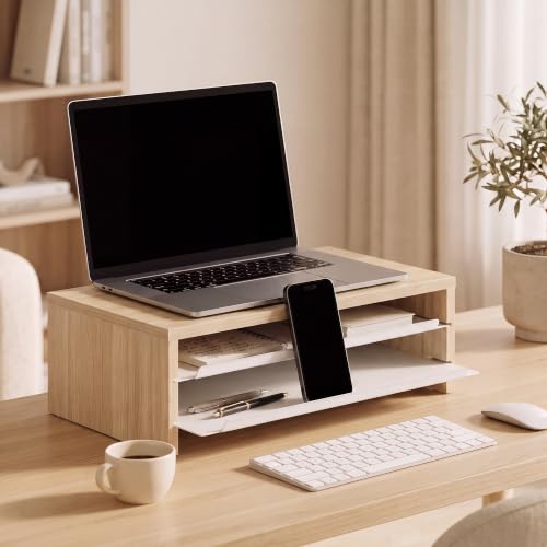 Fenge 14.3-Inch Monitor Stand with Slide-Out Trays, Wood & Metal Desk Shelf - color: Oak