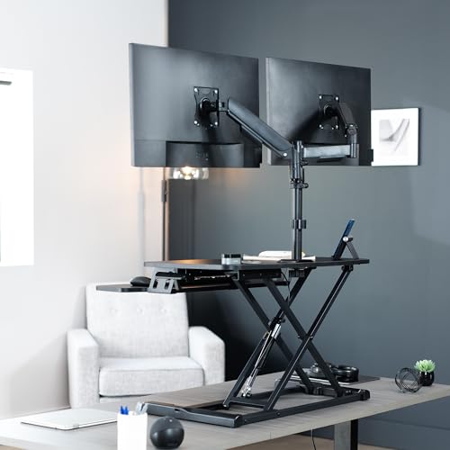 VIVO Black 32 inch Desk Riser with Monitor Mount, DESK-KIT-0K2K | Standing Desk Converter with Dual Monitor Mount for up to 32 inch Screens, Height Adjustable Riser, Mechanical Spring Arms - size: 32"