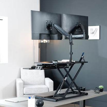 VIVO Black 32 inch Desk Riser with Monitor Mount, DESK-KIT-0K2K | Standing Desk Converter with Dual Monitor Mount for up to 32 inch Screens, Height Adjustable Riser, Mechanical Spring Arms - size: 32"