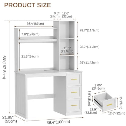 40” Home Office Desk with Hutch and Drawers, White | Modern Computer Desk with Adjustable LED Light and Charging Station, Storage Shelves, Writing Table for Bedroom Study Room - color: White-1