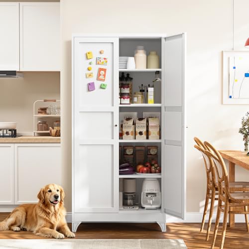 Metal Pantry Cabinet, 75" Kitchen Pantry with 2 Door and 4 Adjustable Shelves,White Metal Pantry Storage Cabinet,Cupboard for Kitchen,Dining Room,Living Room and Bathroom - color: White Metal, size: 75"- 4 Adjustable Shelves