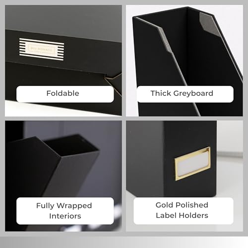 BLU MONACO | Cardboard Magazine File Holder Set of 6 Black | Vertical Magazine File Holder with Gold Label Slots | Standing File Holder and Cardboard Bins for Shelves Desk Storage - color: Black & Gold