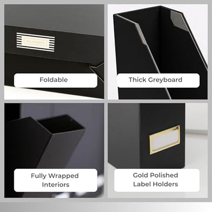 BLU MONACO | Cardboard Magazine File Holder Set of 6 Black | Vertical Magazine File Holder with Gold Label Slots | Standing File Holder and Cardboard Bins for Shelves Desk Storage - color: Black & Gold