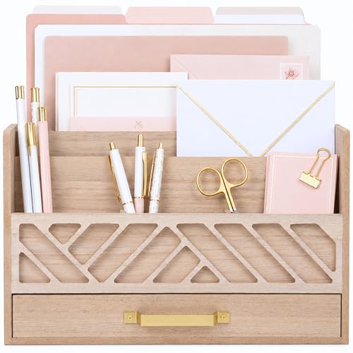 BLU MONACO | Wooden Mail Organizer with Drawer and Gold Handle | Outgoing Mail Holder and Letter Sorter for Desk | Natural Wood Desktop Paper Organizer - color: Natural wood