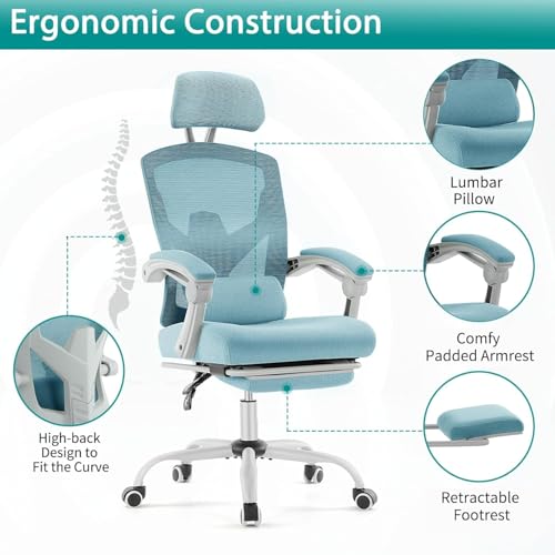 Simple Deluxe Home Office Desk Chair with Footrest, High-Back Mesh Rolling Swivel Reclining Chairs with Wheels, Comfortable Headrest, Lumbar Support, Comfy Arms - color: Blue