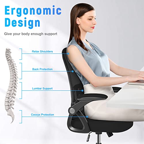 naspaluro Home Office Desk Chair Mid Back with Adjustable Height Dark Black | Comfy Ergonomic Chair with Flip-Up Arm and Lumbar Support, Breathable Mesh Swivel Computer Chair for Study Working Teacher - color: Dark Black