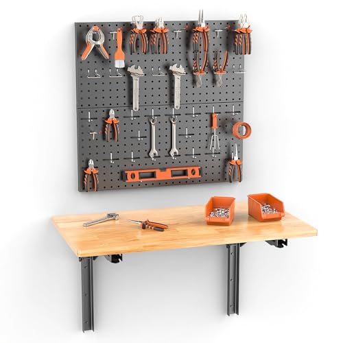 TORACK Wall Folding Workbench with Pegboard Kit, Collapsible Wall Table | Wall Folding Desk for Garage, Workshop, Tools Storage Pegboard, Holds up to 550 lbs, Size: 47.25x22.75 in - size: 47.25x22.75in tabletop