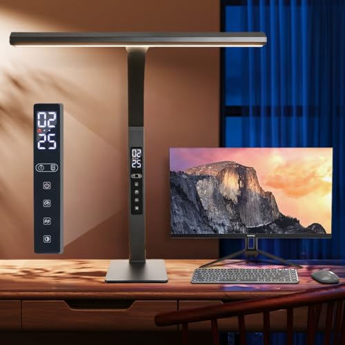 LED desk lamp for home office, architect computer work light,Touch color temperature stepless dimming and adjustable flexible gooseneck tube. desk lamp with clock , suitable for reading and studying. - color: Black