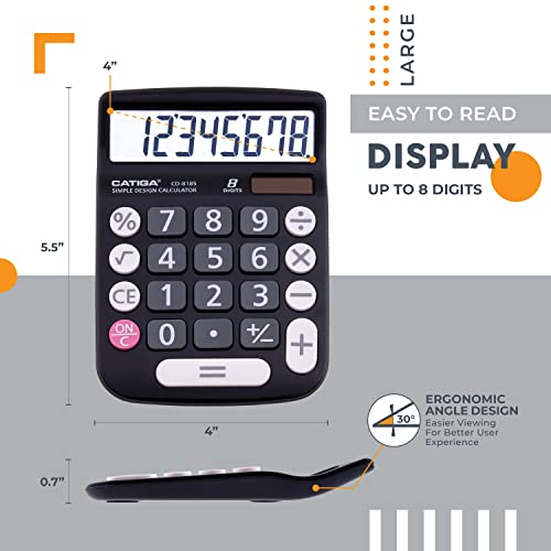 CATIGA Desktop Calculator 8 Digit with Solar Power and Easy to Read LCD Display, Big Buttons, for Home, Office, School, Class and Business, 4 Function Small Basic Calculators for Desk, CD-8185 Black - color: Black