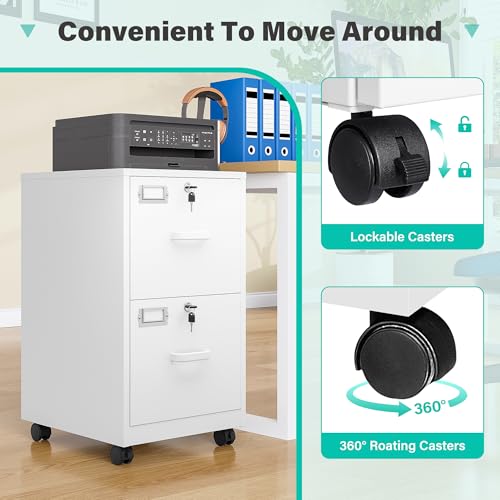 2 Drawer File Cabinet with Lock and Wheels,White Rolling File Cabinets,Locking Mobile Metal Filing Cabinet for Home Office,Under Desk,Fit A4/Letter/Legal File, Easy Assembly - color: White, style: 2 Drawer with Wheels