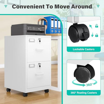 2 Drawer File Cabinet with Lock and Wheels,White Rolling File Cabinets,Locking Mobile Metal Filing Cabinet for Home Office,Under Desk,Fit A4/Letter/Legal File, Easy Assembly - color: White, style: 2 Drawer with Wheels