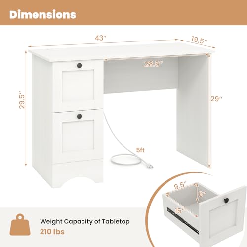 Giantex Computer Desk with 2 Drawers, 43” Wooden Home Office Desk with Charging Station, Compact Study Writing Desk, Modern Laptop PC Desk Computer Workstation for Bedroom, Living Room (White) - color: White