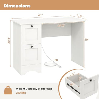 Giantex Computer Desk with 2 Drawers, 43” Wooden Home Office Desk with Charging Station, Compact Study Writing Desk, Modern Laptop PC Desk Computer Workstation for Bedroom, Living Room (White) - color: White