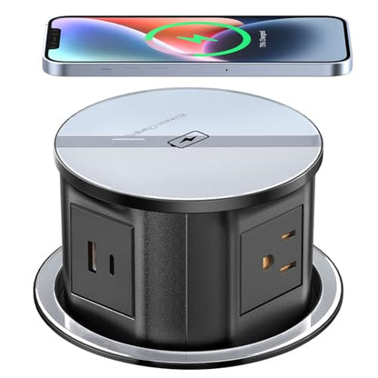 XBA Pop Up Outlet for Countertop with 20W USB C, Recessed Power Strip 4-3/4'' Hidden Outlet with 15W Wireless Charger Electrical Power Socket with 4 AC Plug and 1 USB-A Port for Kitchen(Black) - color: Black