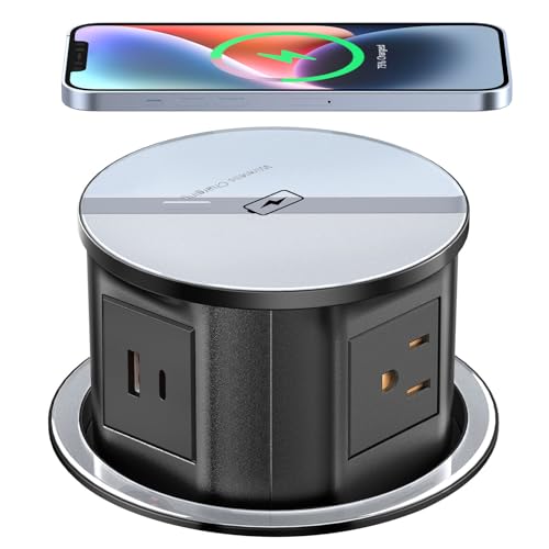 XBA Pop Up Outlet for Countertop with 20W USB C, Recessed Power Strip 4-3/4'' Hidden Outlet with 15W Wireless Charger Electrical Power Socket with 4 AC Plug and 1 USB-A Port for Kitchen(Black) - color: Black