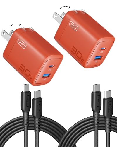 INIU Mini USB C Charger, 30W GaN Fast Charging ETL Certified Wall Adapter Block with Samrt Phone Protection, Dual Port with 5ft Type C Cable for iPhone 17 iPad Samsung Google Switch [2-Pack Orange] - color: Orange, size: 2 Packs + 2 Cables