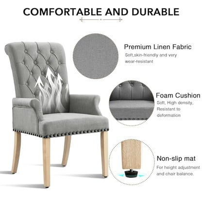 LOULENS Linen Dining Chair with Arms, Tufted Dining Room Chairs, Light Grey | Solid Wood Legs, Nailhead Trim, Accent Chair, Kitchen Chair - color: Grey-a, size: 1 PCS