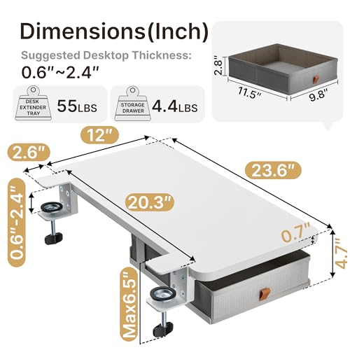 PEGZONE Desk Extender Tray, 24" x 12", with Storage Drawer, Medium, White - color: White, size: Medium