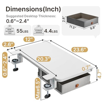 PEGZONE Desk Extender Tray, 24" x 12", with Storage Drawer, Medium, White - color: White, size: Medium