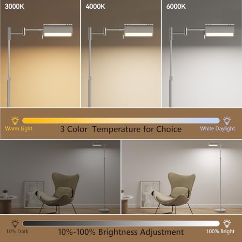 SUNMORY Dimmable LED Pharmacy Floor Lamps, 16W/1500LM Bright Reading Lamp | Remote Touch Control, 350°Swing Arm, Adjustable Height, Task Craft Tall Standing Light for Living Room Bedroom Office, Nickel - color: Nickel
