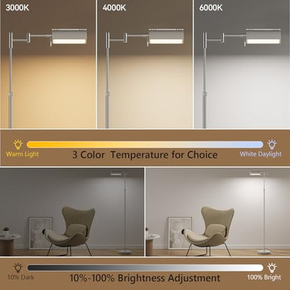 SUNMORY Dimmable LED Pharmacy Floor Lamps, 16W/1500LM Bright Reading Lamp | Remote Touch Control, 350°Swing Arm, Adjustable Height, Task Craft Tall Standing Light for Living Room Bedroom Office, Nickel - color: Nickel