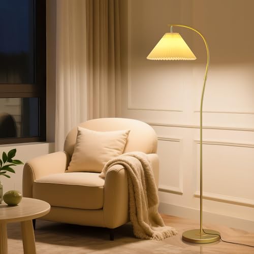 Unique Arc Floor Lamp, Bright 12W Three-Color Dimming Bulb, Wavy Pleated Lamp shade, Brass Gold Curved Standing Reading lamps Living Room Bedroom Office Library, Modern Cute Rustic Vintage Tall Lights - color: Gold